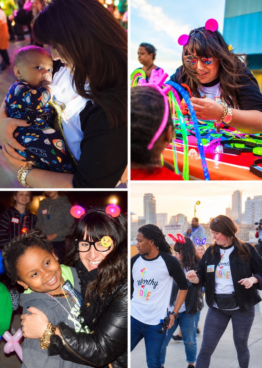 Worthy of Love birthday parties: Jennifer holding a baby, handing out glow toys, hugging a smiling girl, and volunteers dancing on a rooftop in Worthy of Love shirts