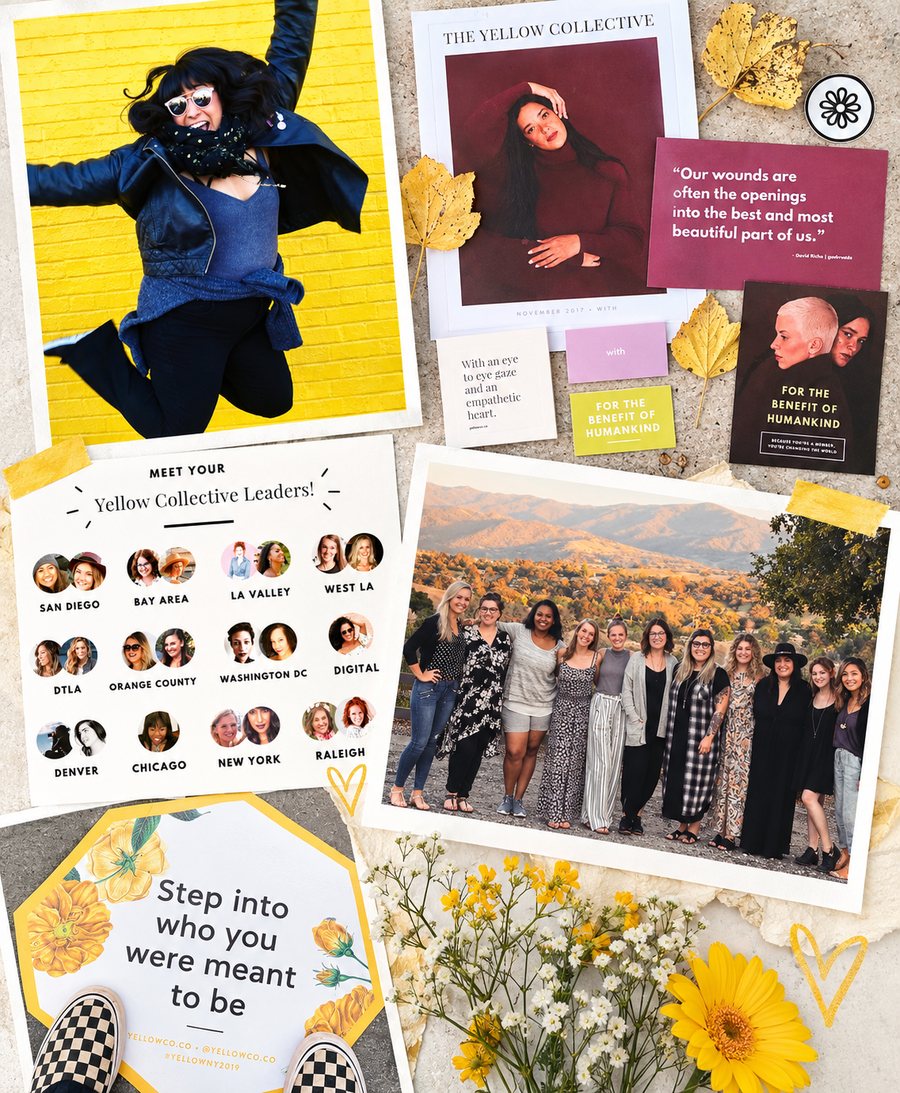 Yellow Collective collage: Jennifer jumping in front of a yellow brick wall, the chapter leaders by city, a group of members outdoors at sunset, and a Step into who you were meant to be sign