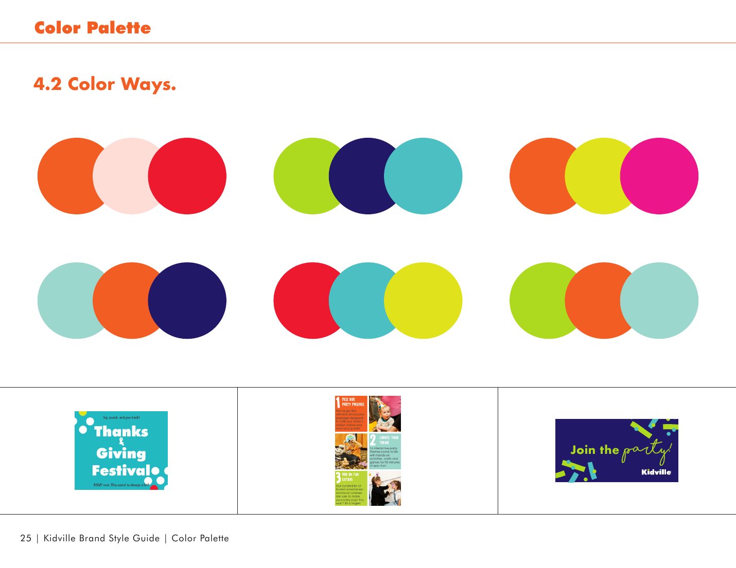 Kidville Brand Book page 25: Color palette and approved color ways