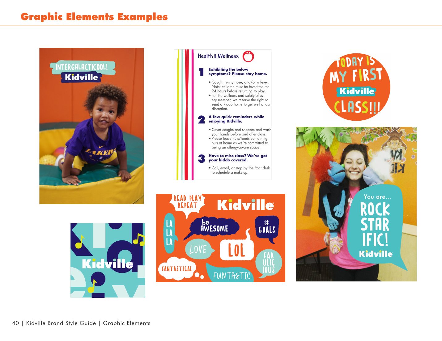 Kidville Brand Book page 40: Graphic elements in use