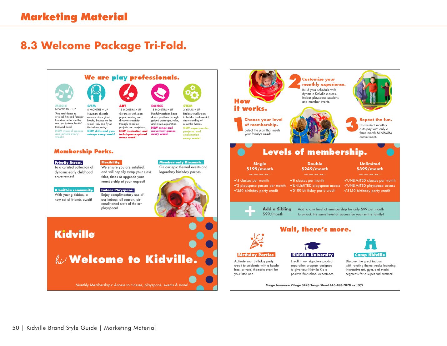 Kidville Brand Book page 50: Welcome package tri-fold