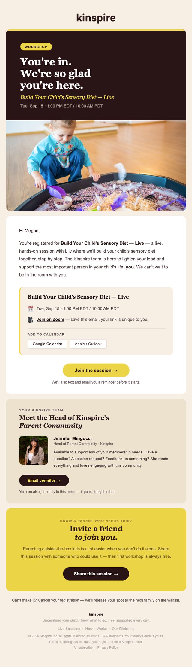 Kinspire registration confirmation email